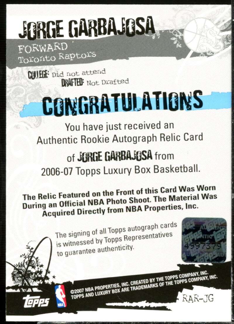 Jorge Garbajosa 2006-07 Topps Luxury Box Rookie Relics Autographs Silver #JG  Image 2