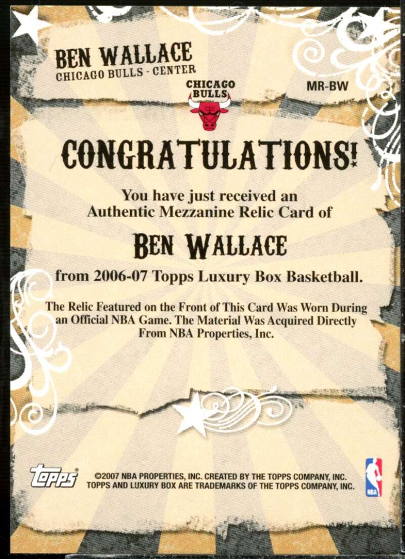 Ben Wallace Card 2006-07 Topps Luxury Box Mezzanine Relics #BW  Image 2