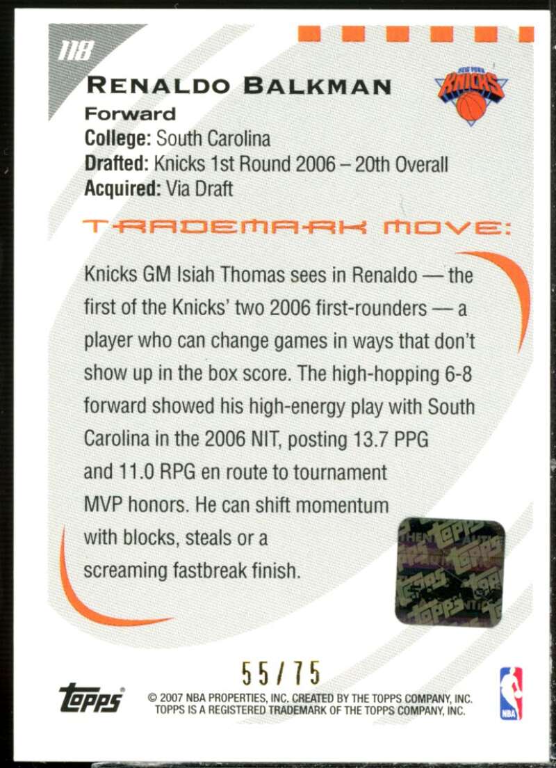 Renaldo Balkman AU/75 Rookie Card 2006-07 Topps Trademark Moves #118  Image 2