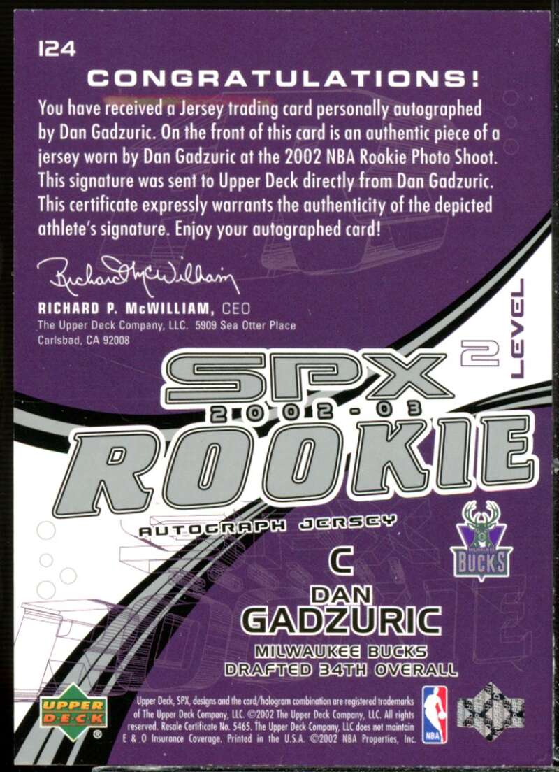 Dan Gadzuric JSY AU Rookie Card 2002-03 SPx #124  Image 2