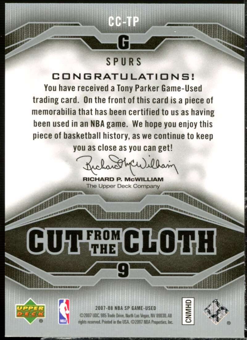 Tony Parker Card 2007-08 SP Game Used Cut from the Cloth #CCTP  Image 2