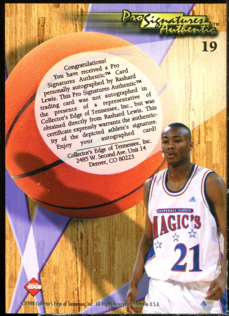 Rashard Lewis Card 1998 Collector's Edge Impulse Pro Signatures #19  Image 2