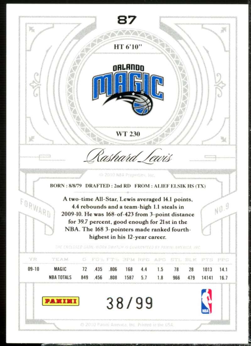 Rashard Lewis Card 2009-10 Playoff National Treasures Century Materials #87  Image 2