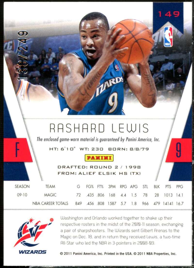 Rashard Lewis Card 2010-11 Totally Certified Red Materials #149  Image 2