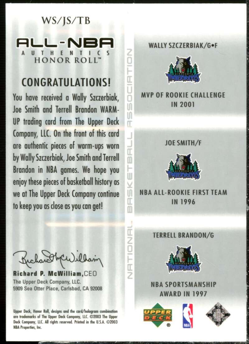 Wally Szczerbiak/Smith/Brandon 2002-03 Upper Deck Honor Roll Triple Warm-ups #8  Image 2