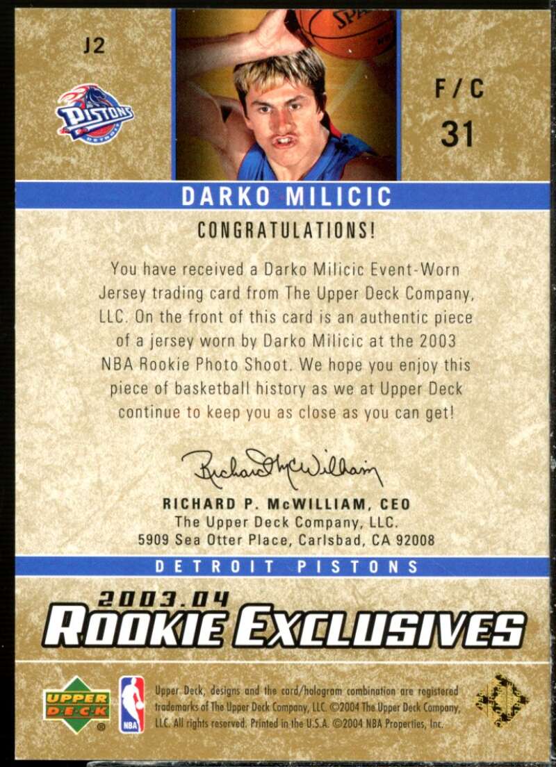 Darko Milicic Card 2003-04 Upper Deck Rookie Exclusives Jerseys #J2  Image 2