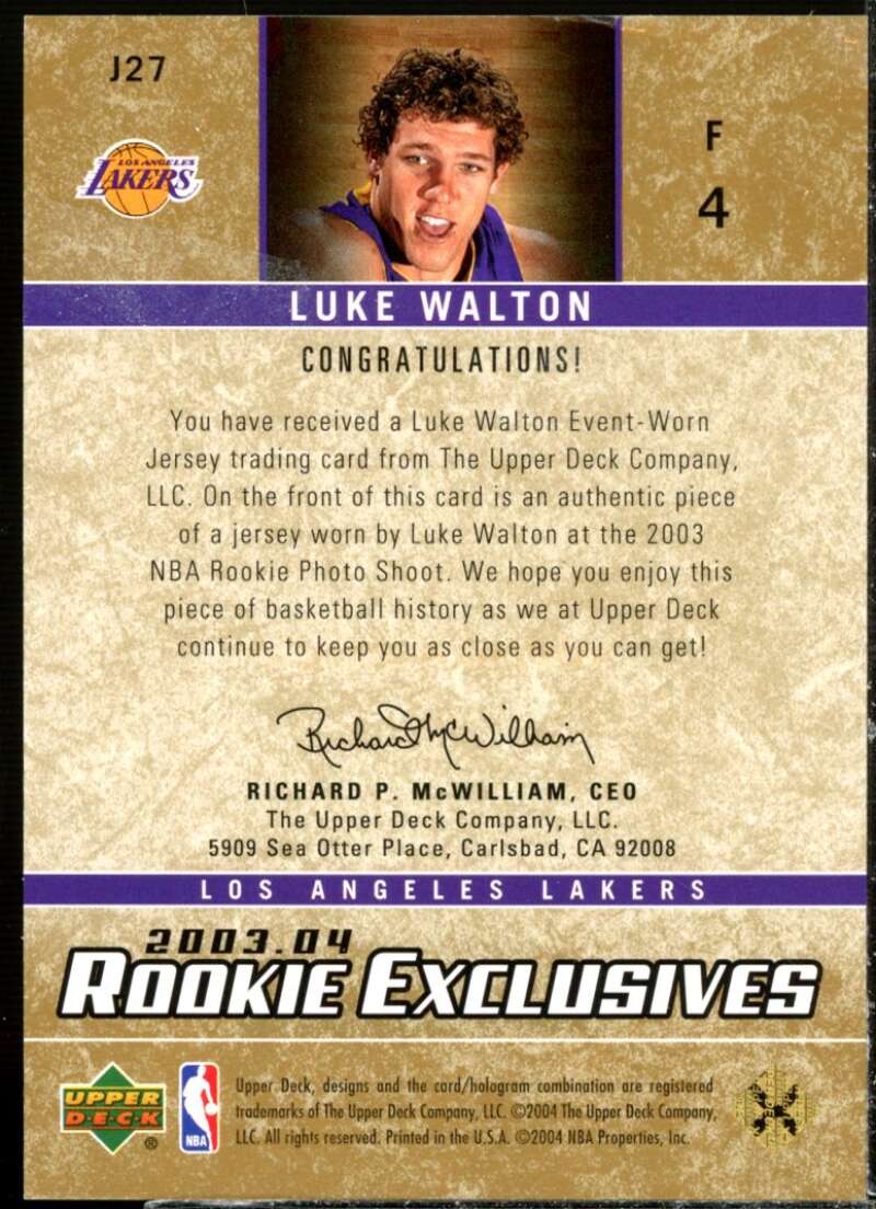 Luke Walton Card 2003-04 Upper Deck Rookie Exclusives Jerseys #J27  Image 2