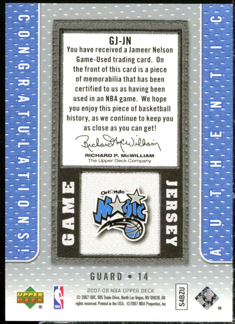 Jameer Nelson Card 2007-08 Upper Deck UD Game Jersey #JN  Image 2