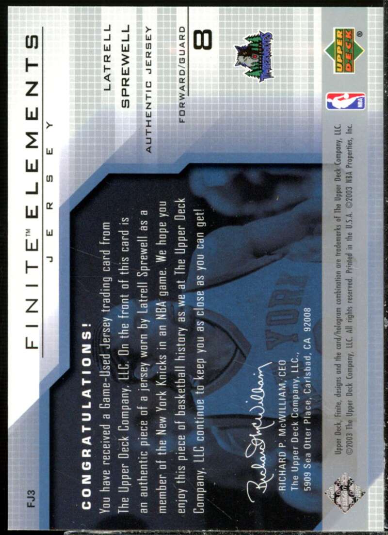 Latrell Sprewell Card 2003-04 Upper Deck Finite Elements Jerseys #FJ3  Image 2