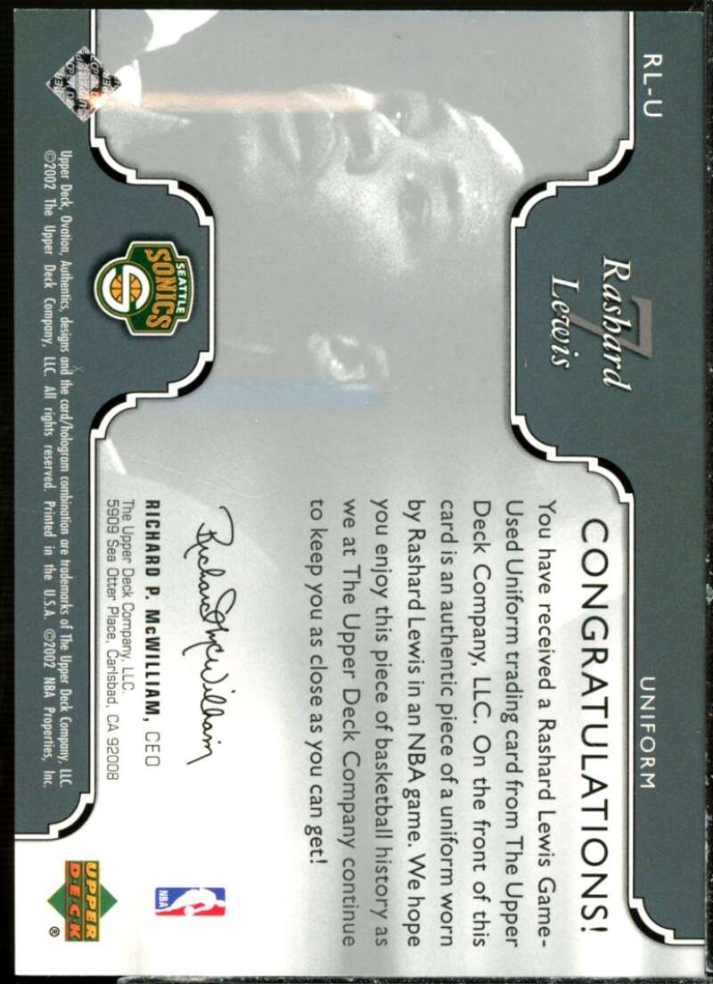 Rashard Lewis Card 2002-03 Upper Deck Ovation Authentics Uniform #RLU  Image 2