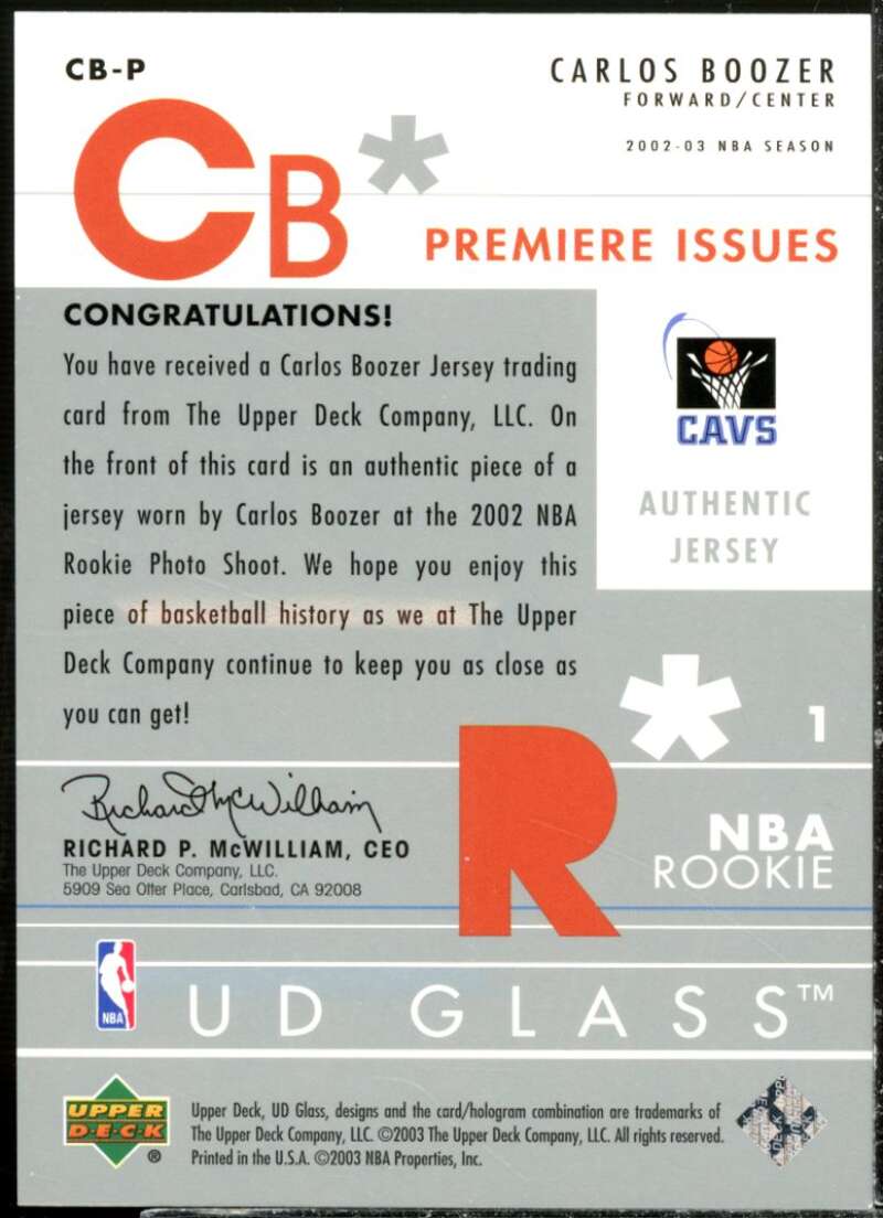 Carlos Boozer Card 2002-03 UD Glass Premiere Issues Jersey #CBP  Image 2