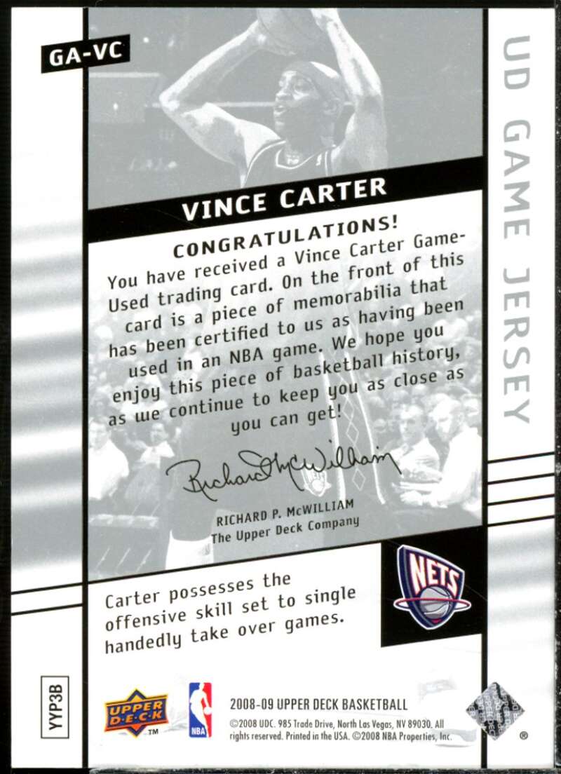 Vince Carter Card 2008-09 Upper Deck Game Jerseys #GAVC  Image 2