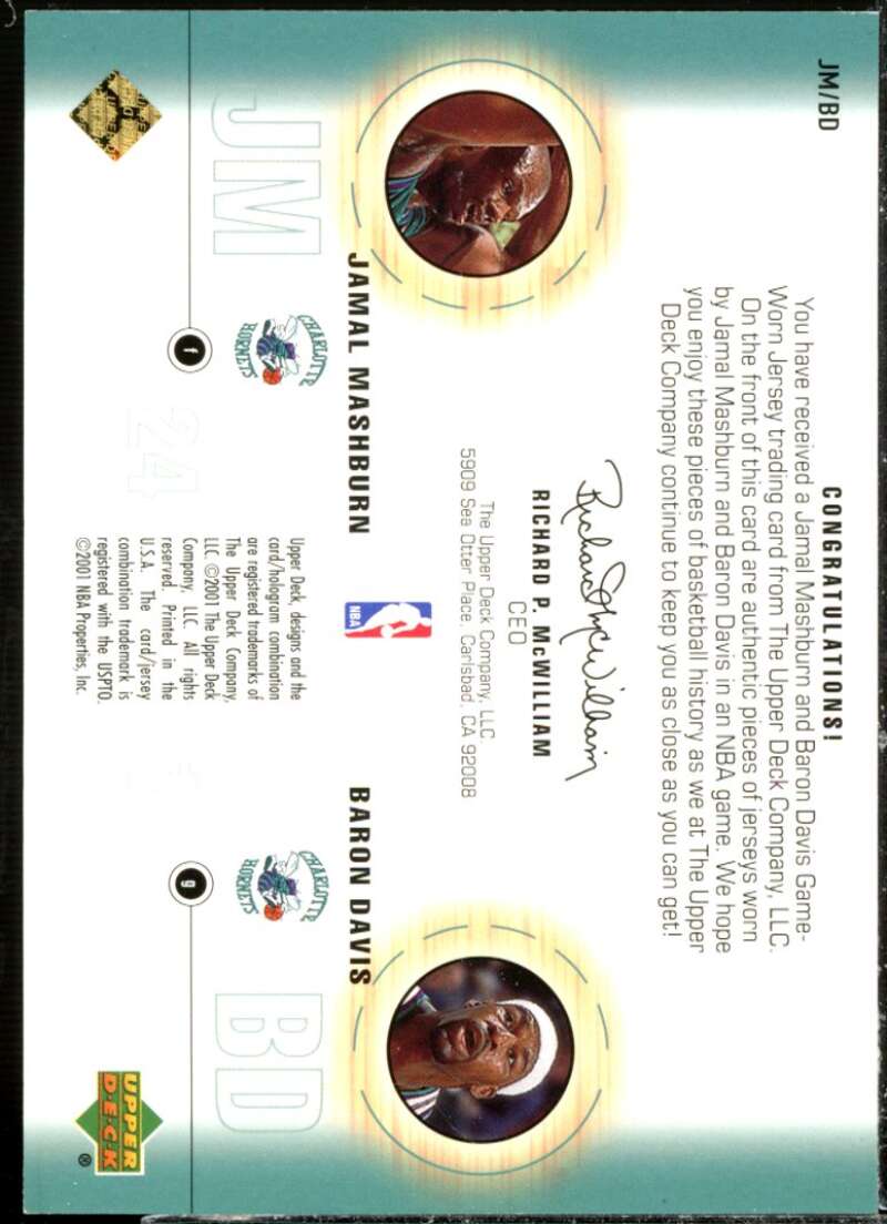 Jamal Mashburn/Baron Davis Card 2001-02 Upper Deck Game Jerseys Combos #JMBD  Image 2