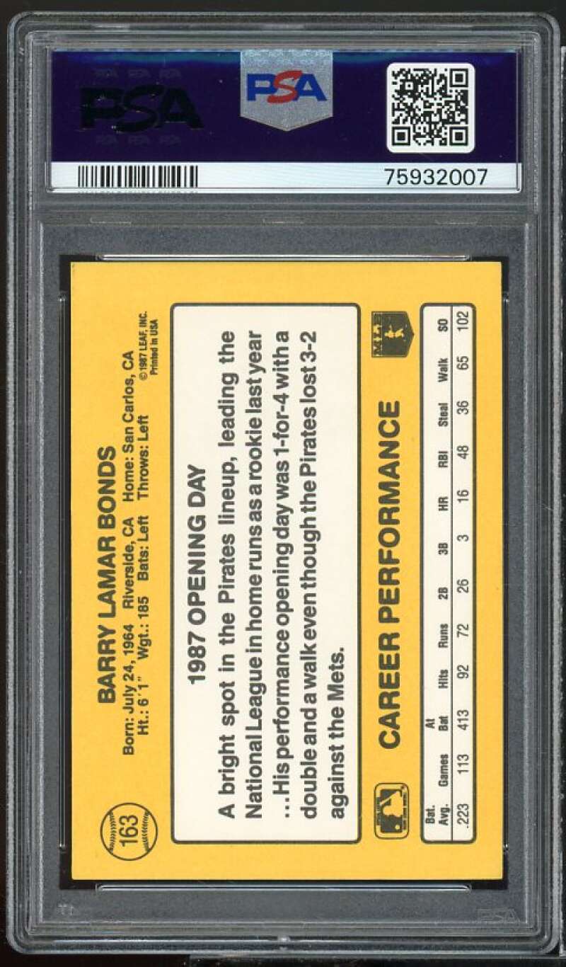 Barry Bonds Rookie Card 1987 Donruss Opening Day #163 PSA 9 Image 2