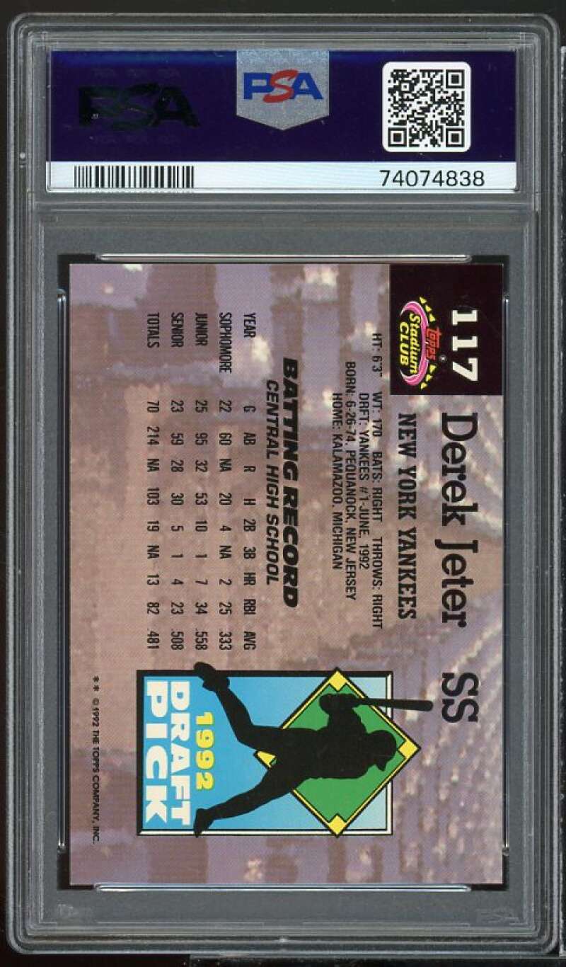 Derek Jeter Rookie Card 1993 Stadium Club Murphy #117 PSA 9 Image 2