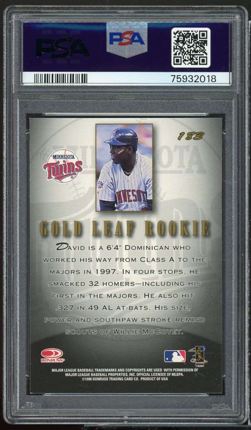 David Ortiz Rookie Card 1998 Leaf #183 PSA 9 Image 2