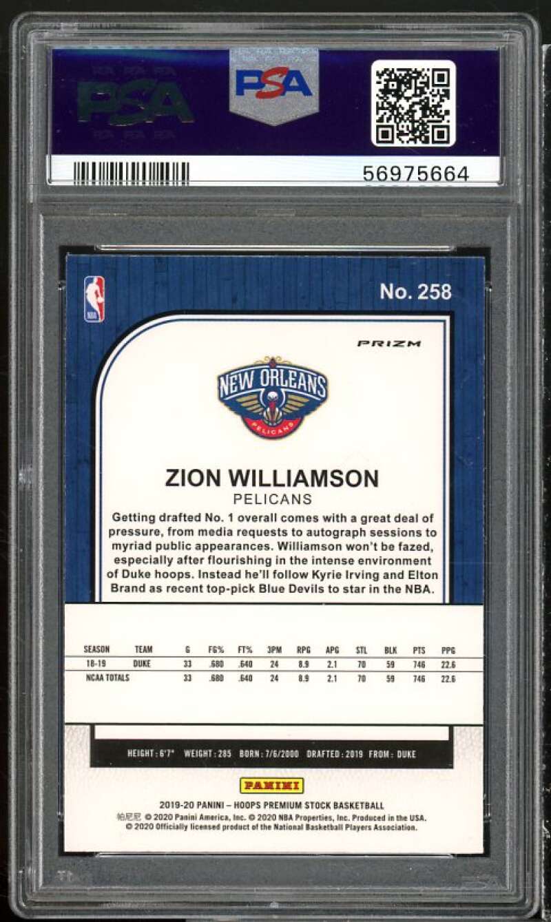 Zion Williamson Rookie Card 2019-20 Hoops Premium Stock Silver Laser #258 PSA 10 Image 2