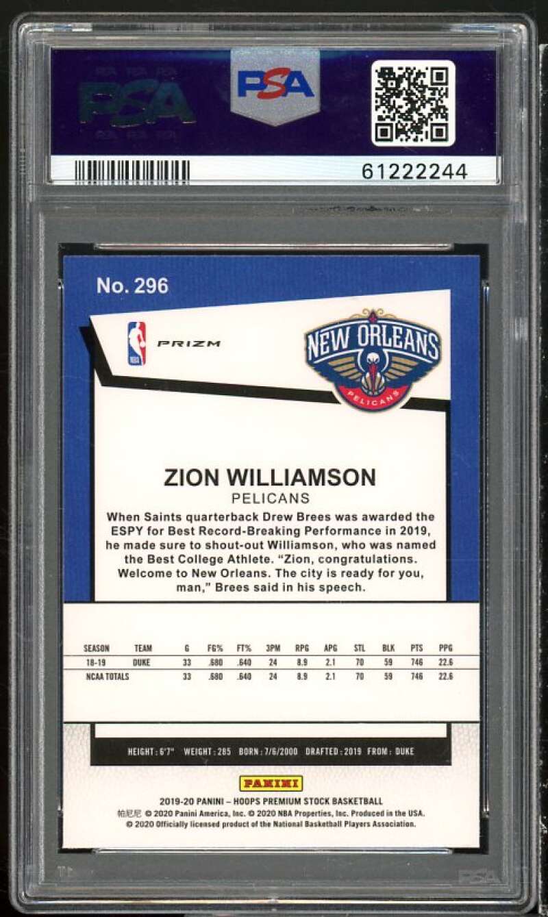 Zion Williamson Rookie Card 2019-20 Hoops Premium Stock Silver Laser #296 PSA 10 Image 2