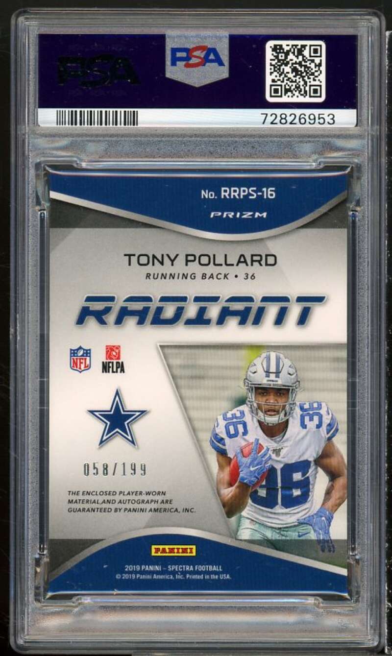 Tony Pollard Rookie 2019 Panini Spectra Radiant Rookie Patch Signature #16 PSA 9 Image 2