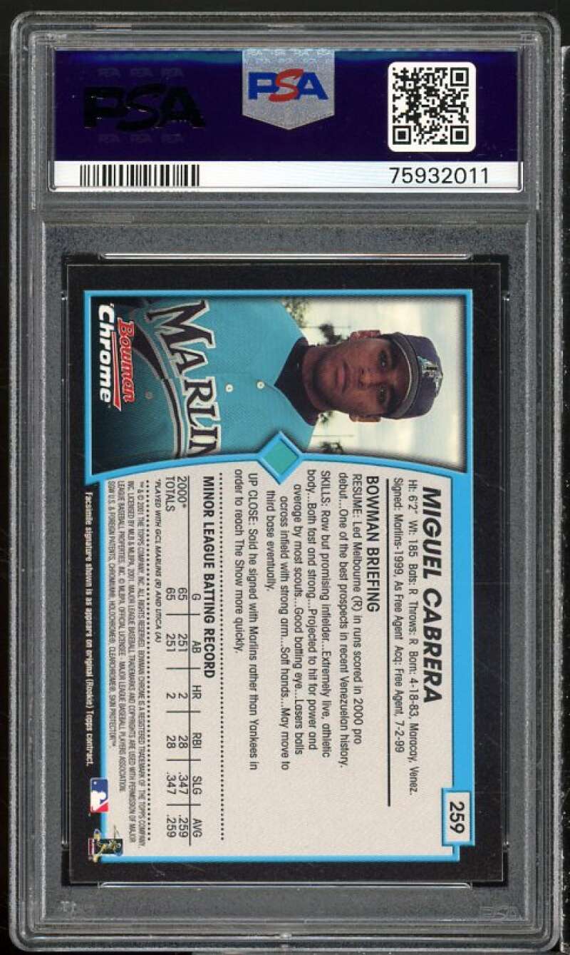 Miguel Cabrera Card 2001 Bowman Chrome #259 PSA 9 Image 2