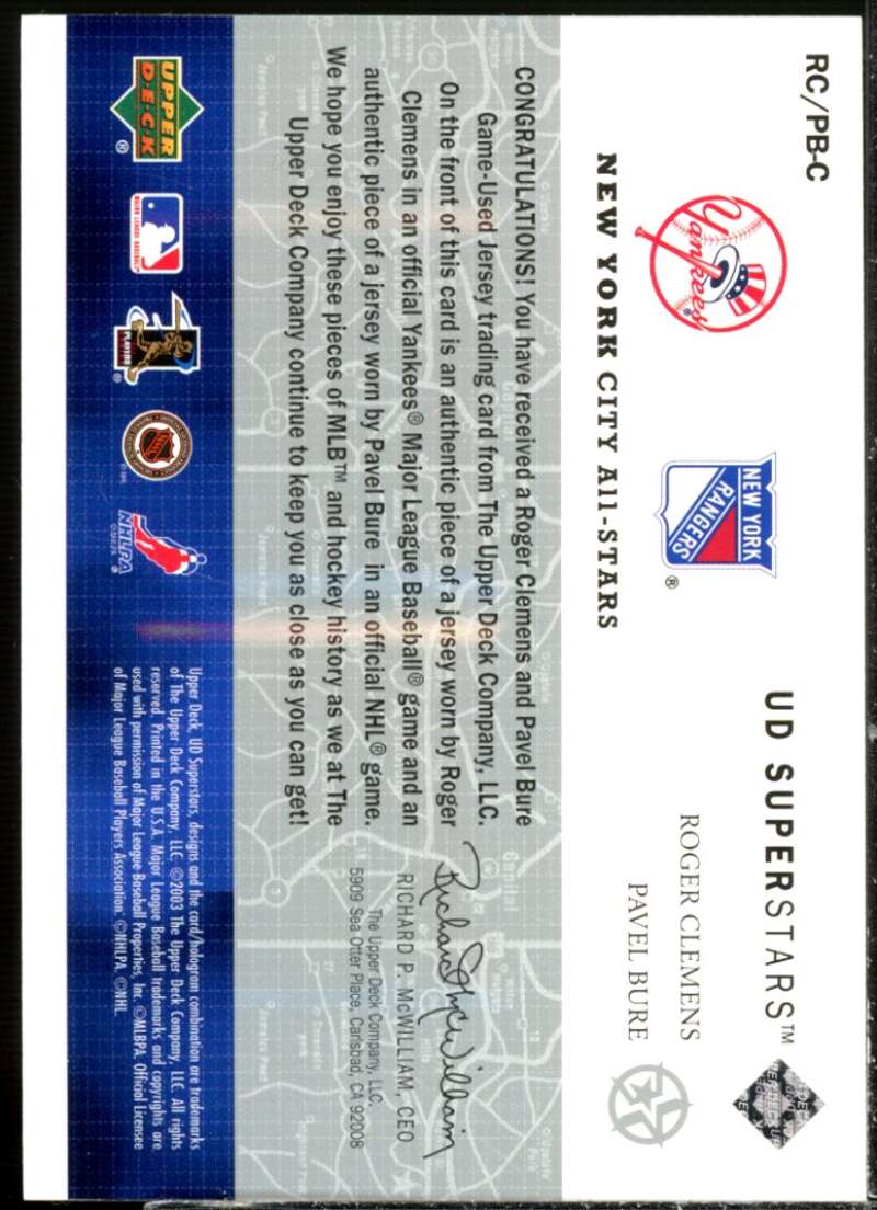 Roger Clemens/Pavel Bure 2002-03 UD SuperStars City All-Stars Dual Jersey #RCPB  Image 2