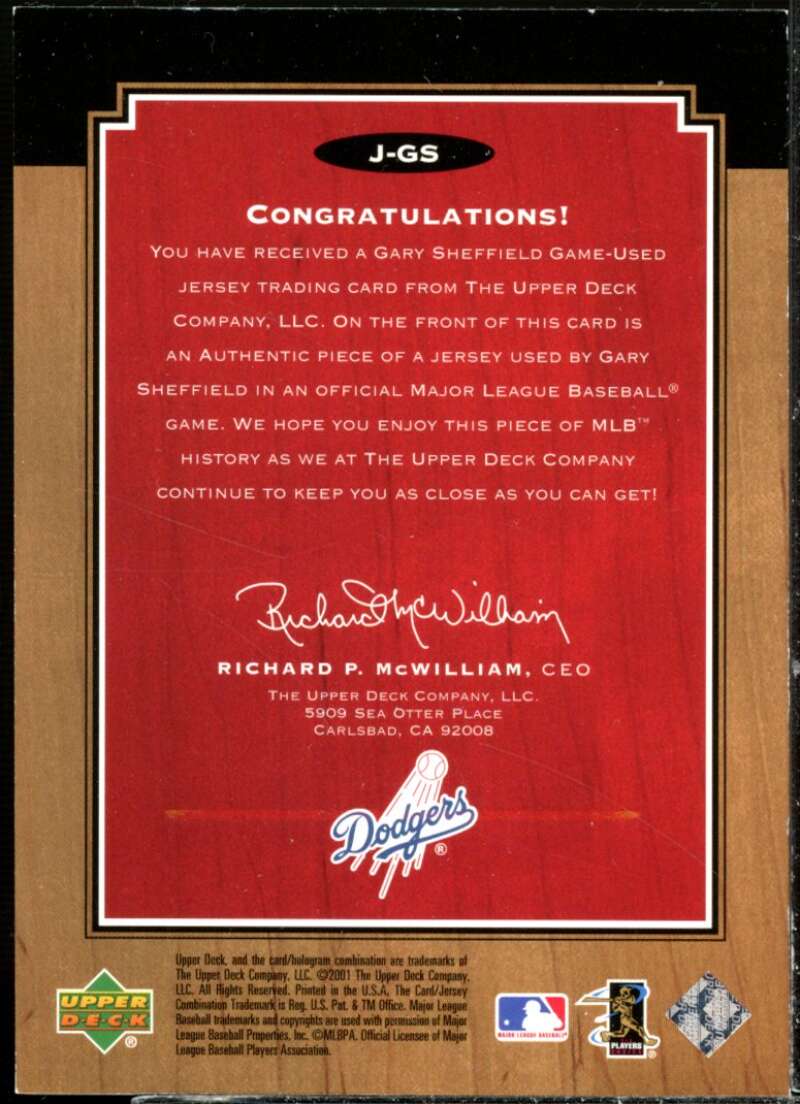 Gary Sheffield Card 2001 Upper Deck Legends Legendary Game Jersey #JGS  Image 2