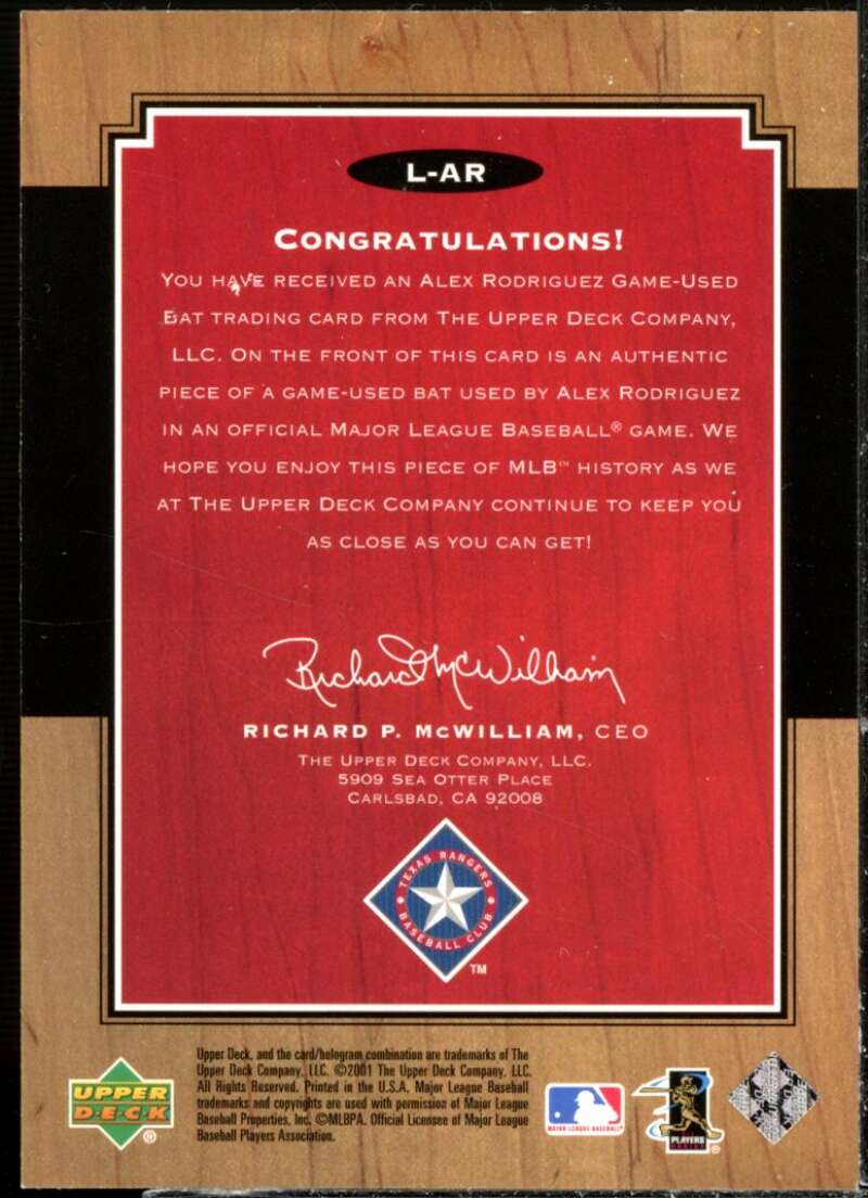 Alex Rodriguez Card 2001 Upper Deck Legends Legendary Lumber #LAR  Image 2