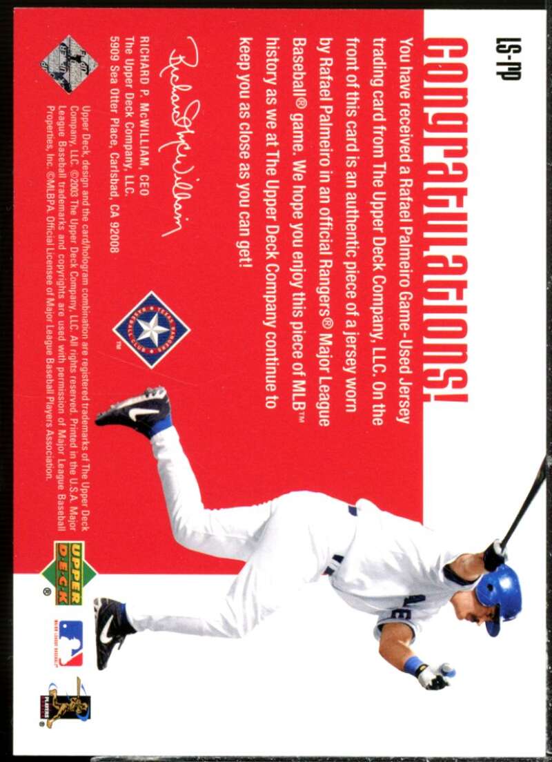 Rafael Palmeiro RBI Card 2003 Upper Deck Leading Swatches #RP  Image 2