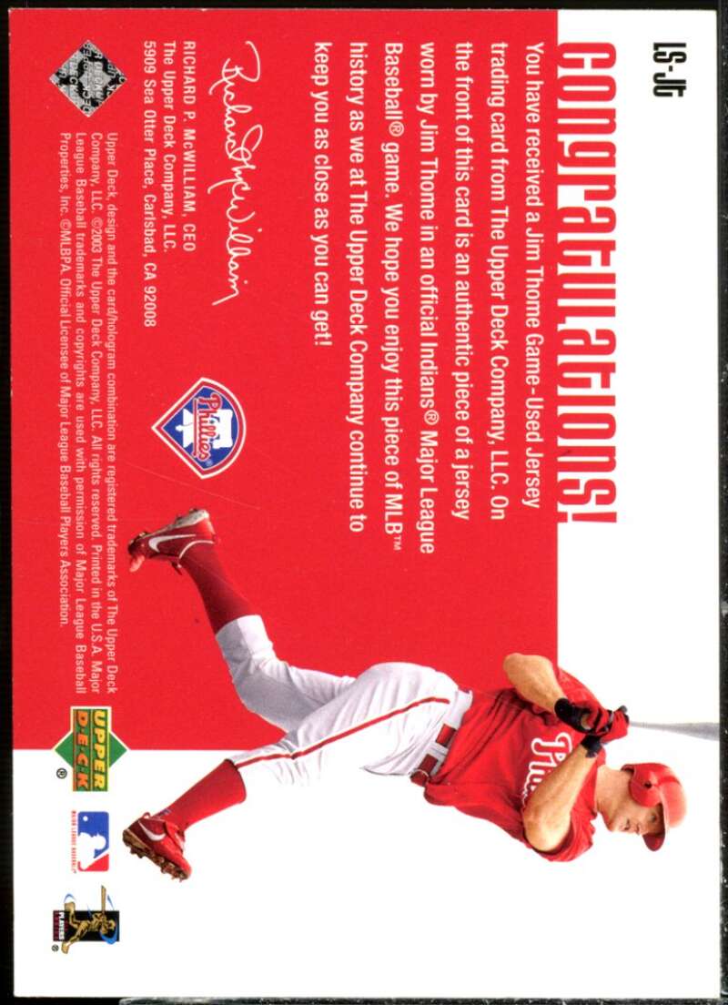 Jim Thome HR Card 2003 Upper Deck Leading Swatches #JT  Image 2