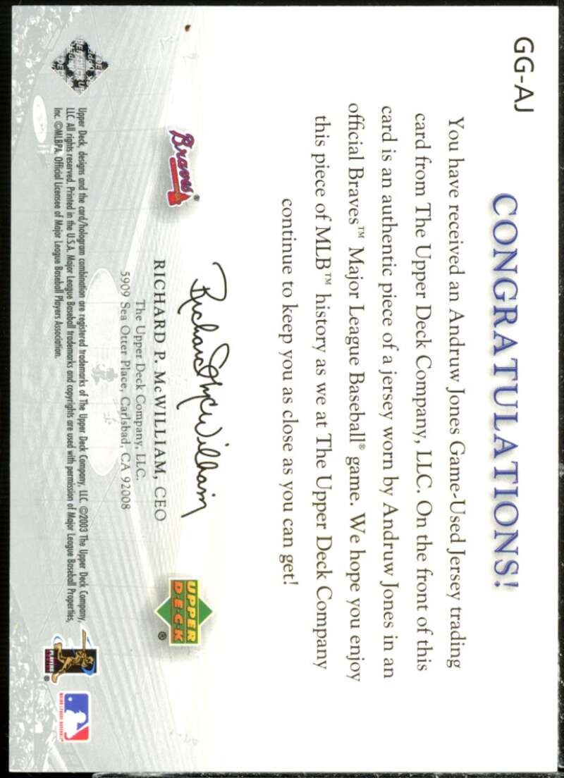 Andruw Jones Card 2003 Upper Deck Game Face Gear #AJ  Image 2