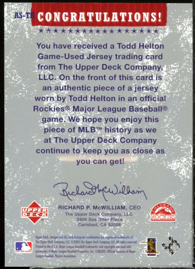 Todd Helton Card 2004 Upper Deck Authentic Stars Jersey #TH  Image 2