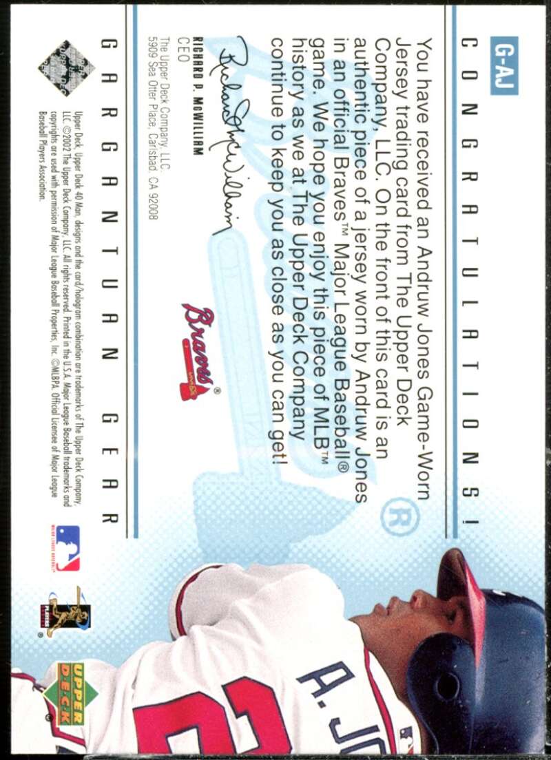 Andruw Jones Card 2002 Upper Deck 40-Man Gargantuan Gear #GAJ  Image 2