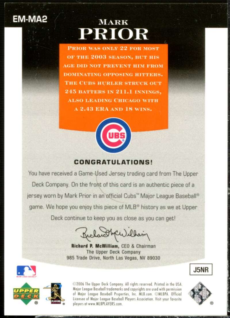 Mark Prior Jsy Card 2006 Upper Deck Epic Materials Dark Orange #MA2  Image 2