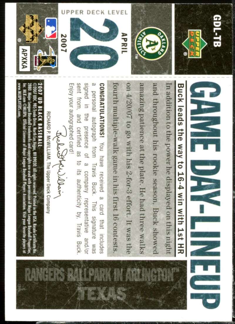 Travis Buck Card 2007 UD Black Game Day Lineup Autographs #TB  Image 2