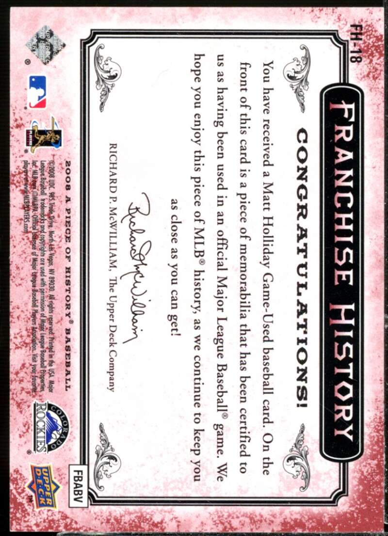 Matt Holliday 2008 UD A Piece of History Franchise History Jersey Red #FH18  Image 2