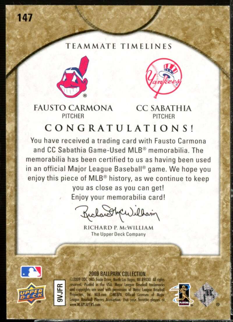 CC Sabathia/Fausto Carmona Card 2009 Upper Deck Ballpark Collection #147  Image 2