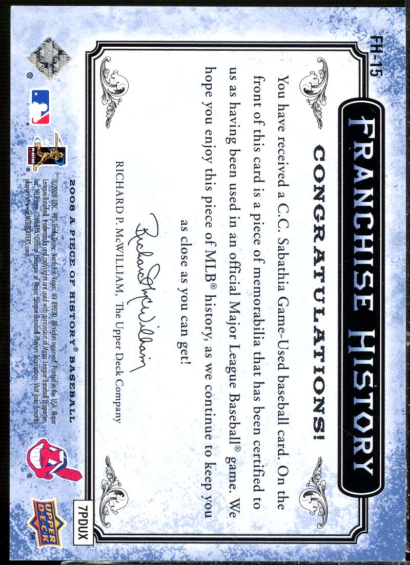 C.C. Sabathia 2008 UD A Piece of History Franchise History Jersey Blue #FH15  Image 2