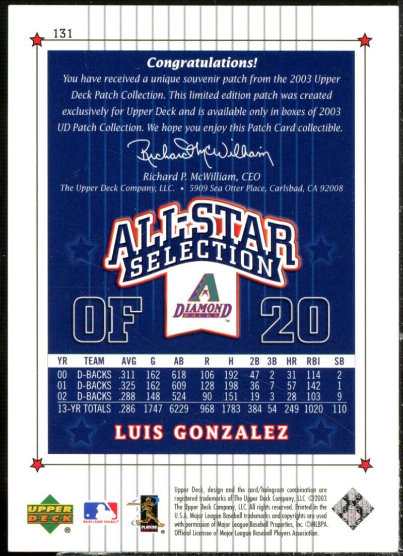 Luis Gonzalez AS Card 2003 UD Patch Collection #131  Image 2