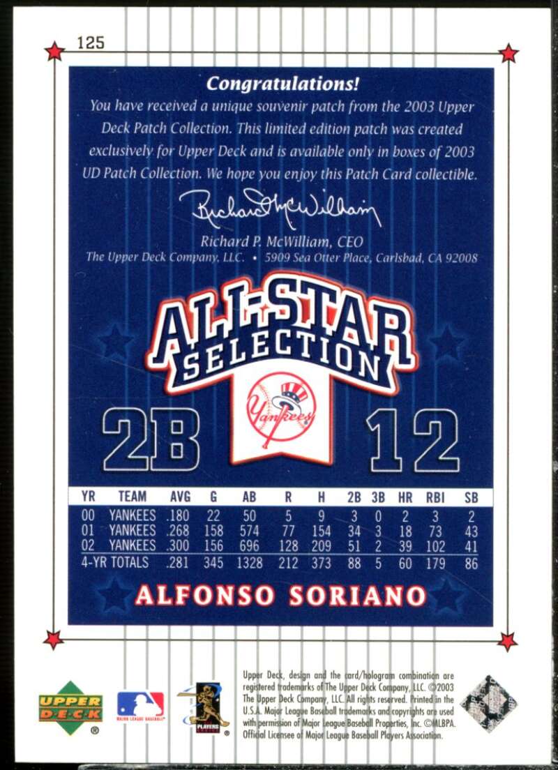Alfonso Soriano AS Card 2003 UD Patch Collection #125  Image 2