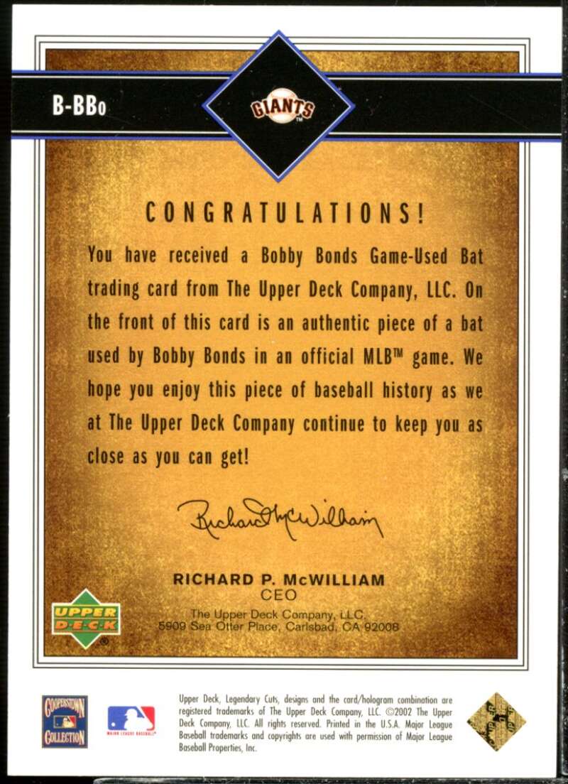 Bobby Bonds DP Card 2002 SP Legendary Cuts Game Bat #BBBO  Image 2