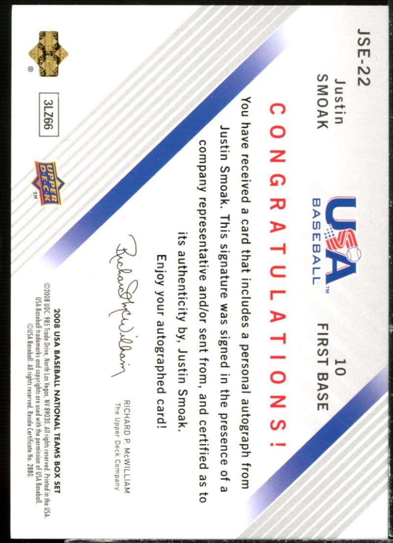 Justin Smoak Rookie Card 2008 USA Baseball National Team Signatures Black #22  Image 2