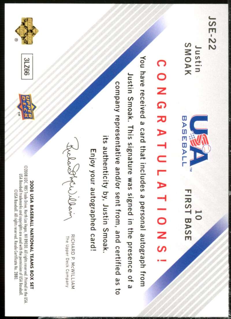 Justin Smoak Rookie Card 2008 USA Baseball National Team Signatures Blue #22  Image 2