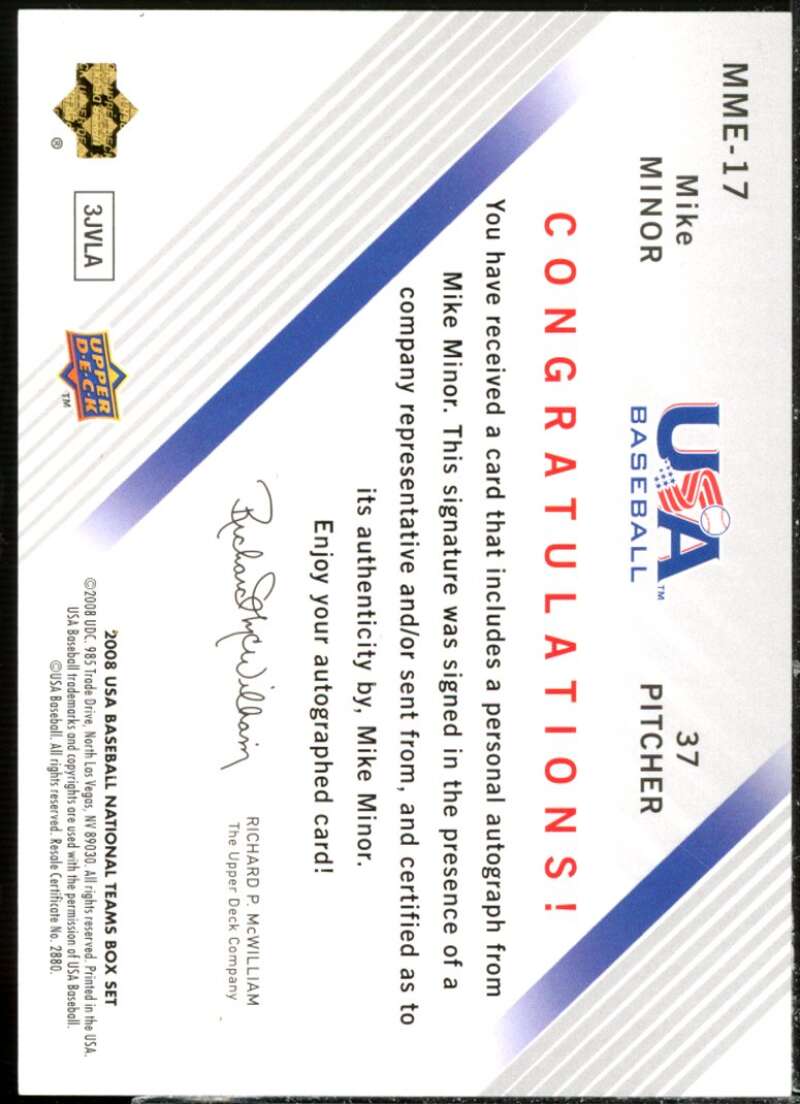 Mike Minor Rookie Card 2008 USA Baseball National Team Signatures Black #17  Image 2