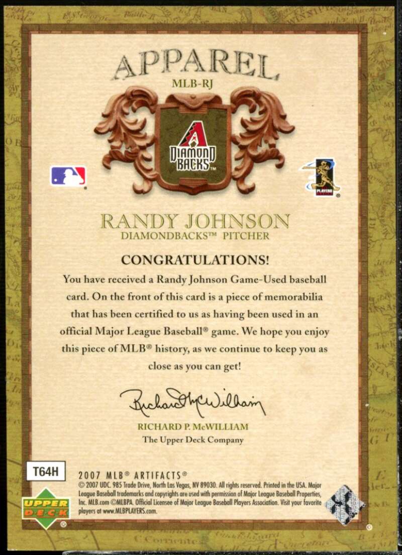 Randy Johnson Card 2007 Artifacts MLB Apparel Limited #RJ  Image 2