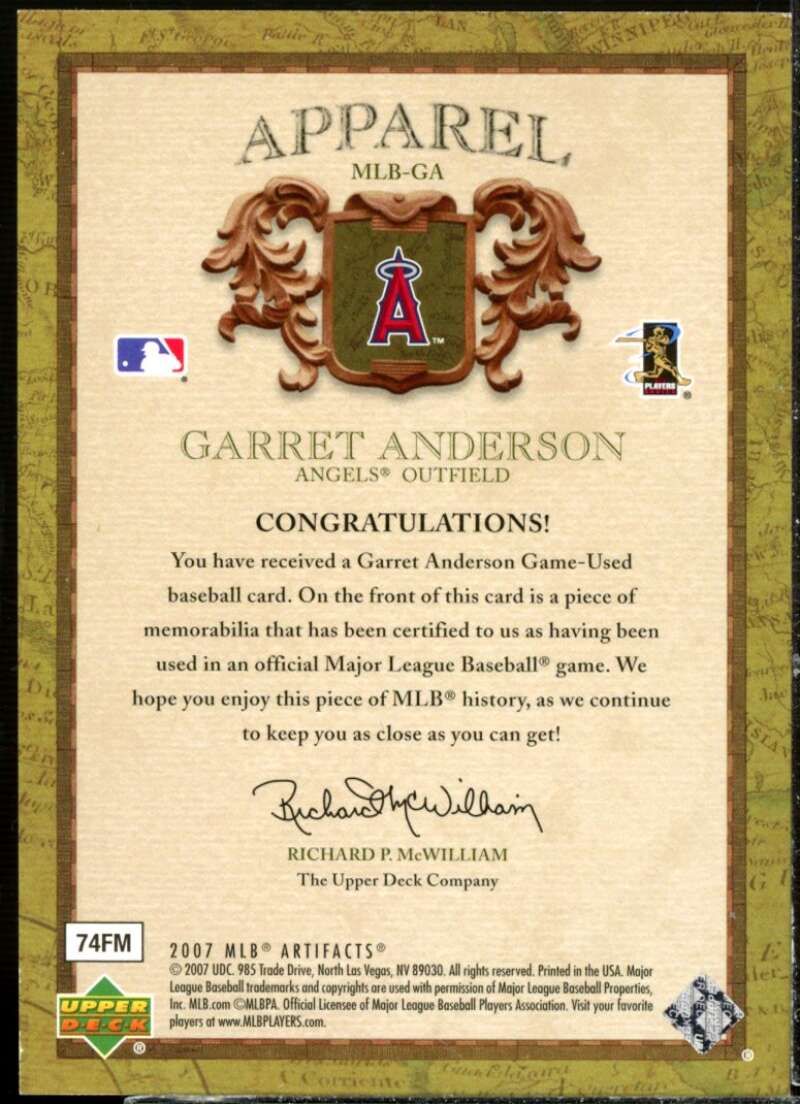 Garret Anderson Card 2007 Artifacts MLB Apparel Limited #GA  Image 2