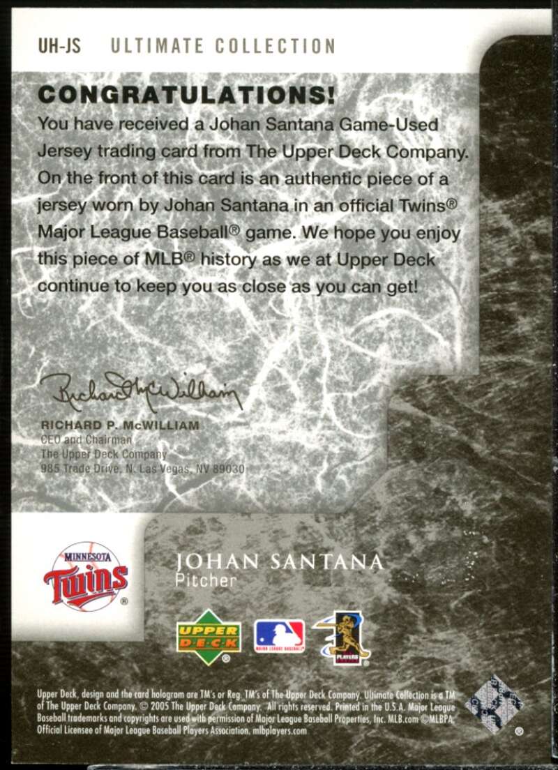 Johan Santana Jsy Card 2005 Ultimate Collection Hurlers Materials #JS  Image 2