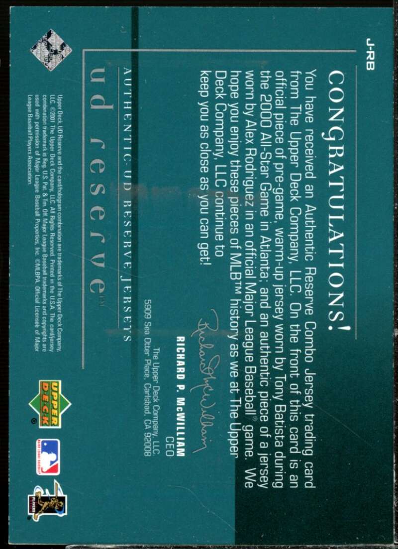 Alex Rodriguez/Tony Batista Card 2001 UD Reserve Game Jersey Duos #JRB  Image 2