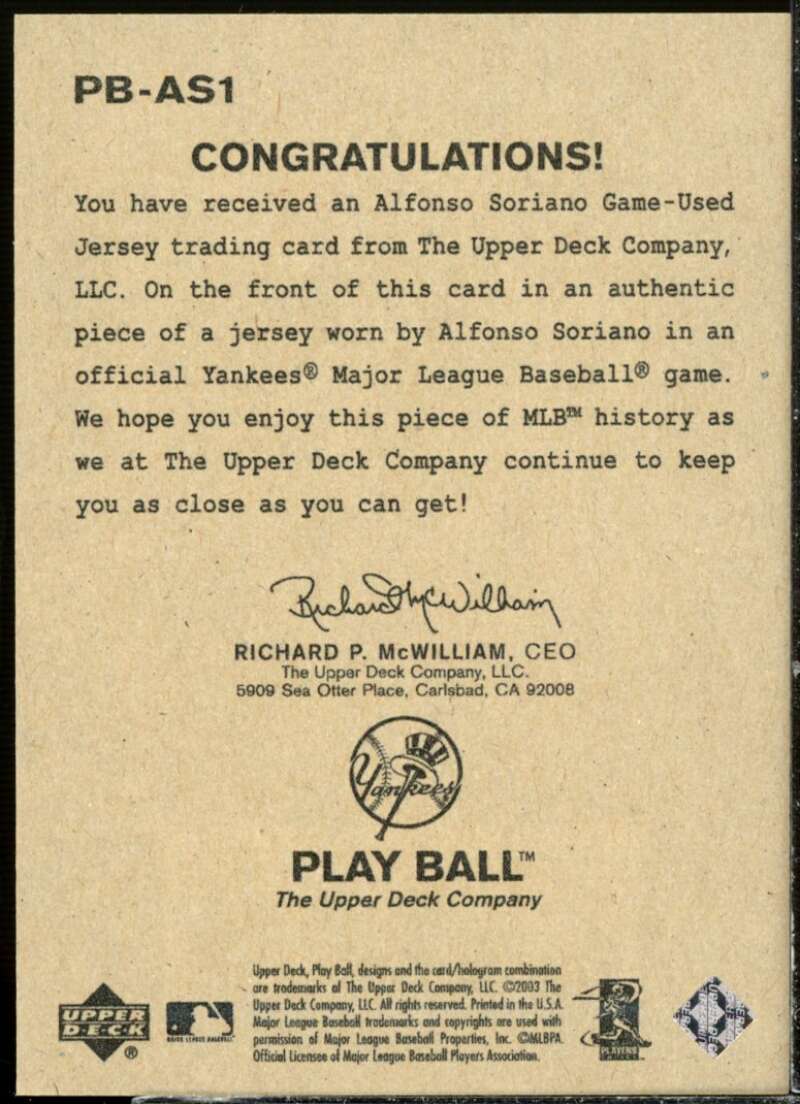 Alfonso Soriano Jsy 2003 Upper Deck Play Ball Game Used Memorabilia Tier 1 #AS1  Image 2