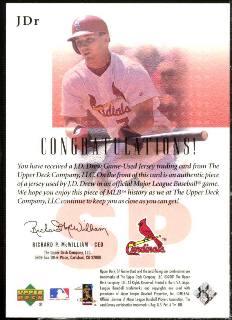 J.D. Drew Card 2001 SP Game Used Edition Authentic Fabric #JDR  Image 2
