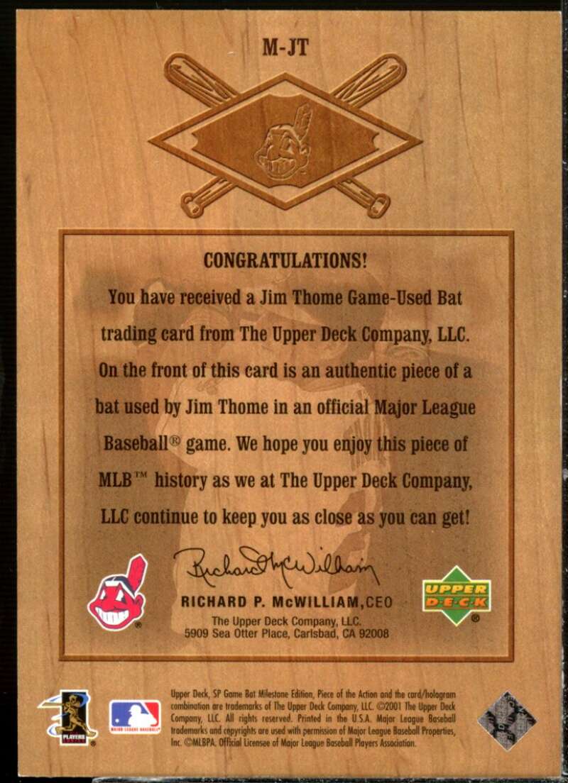 Jim Thome Card 2001 SP Game Bat Milestone Piece of Action Milestone #JT  Image 2